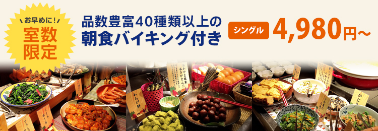 室数限定　品数豊富40種類以上の朝食バイキング付　シングル4,980円～